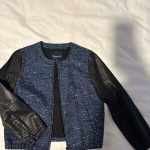 Madewell Blue Tweed Jacket with Leather Sleeves, Size M